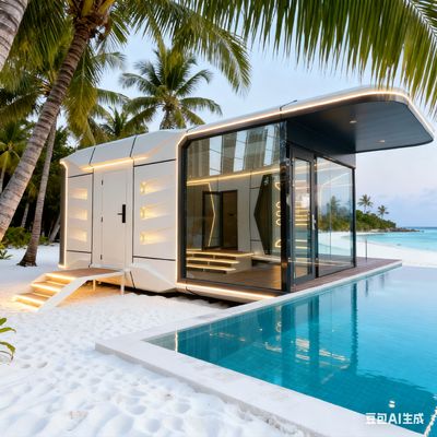 Modello Space Capsule House Space-29 con sistema di illuminazione LED per tutta la casa e dimensioni L8560 x W3460 x H3400